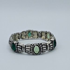 Boho Bracelet Faceted Green Jewels Light Dark Gems Silvertone Fashion Jewelry